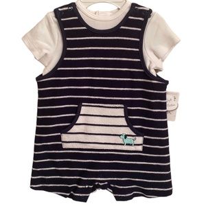 LITTLE ME Boy's Matching 2 Piece White Shirt & Striped Romper Size 6 Months NEW
